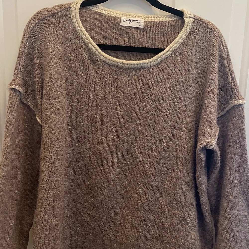 Carly Jean Roll Neck Boxy Linen Cotton Knit Sweater Taupe Marl S/M